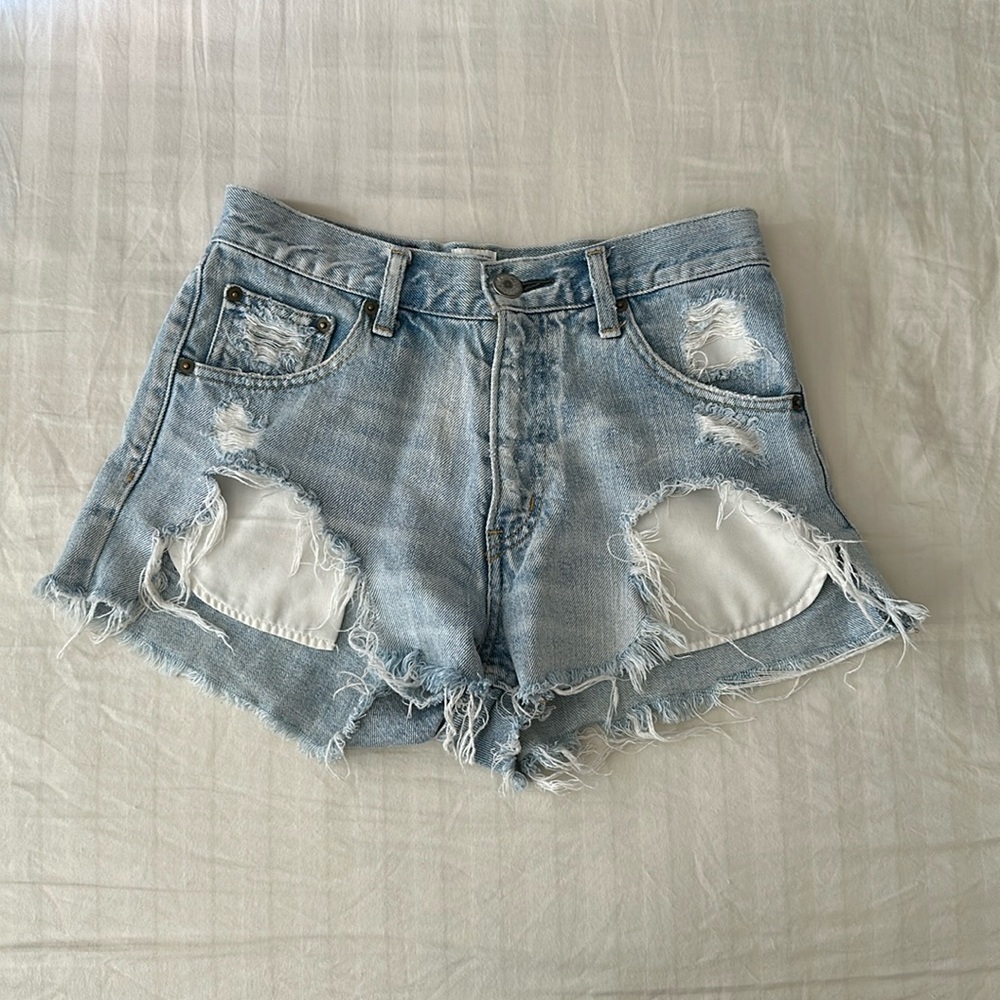 Moussy Light Blue Distressed Jean Shorts